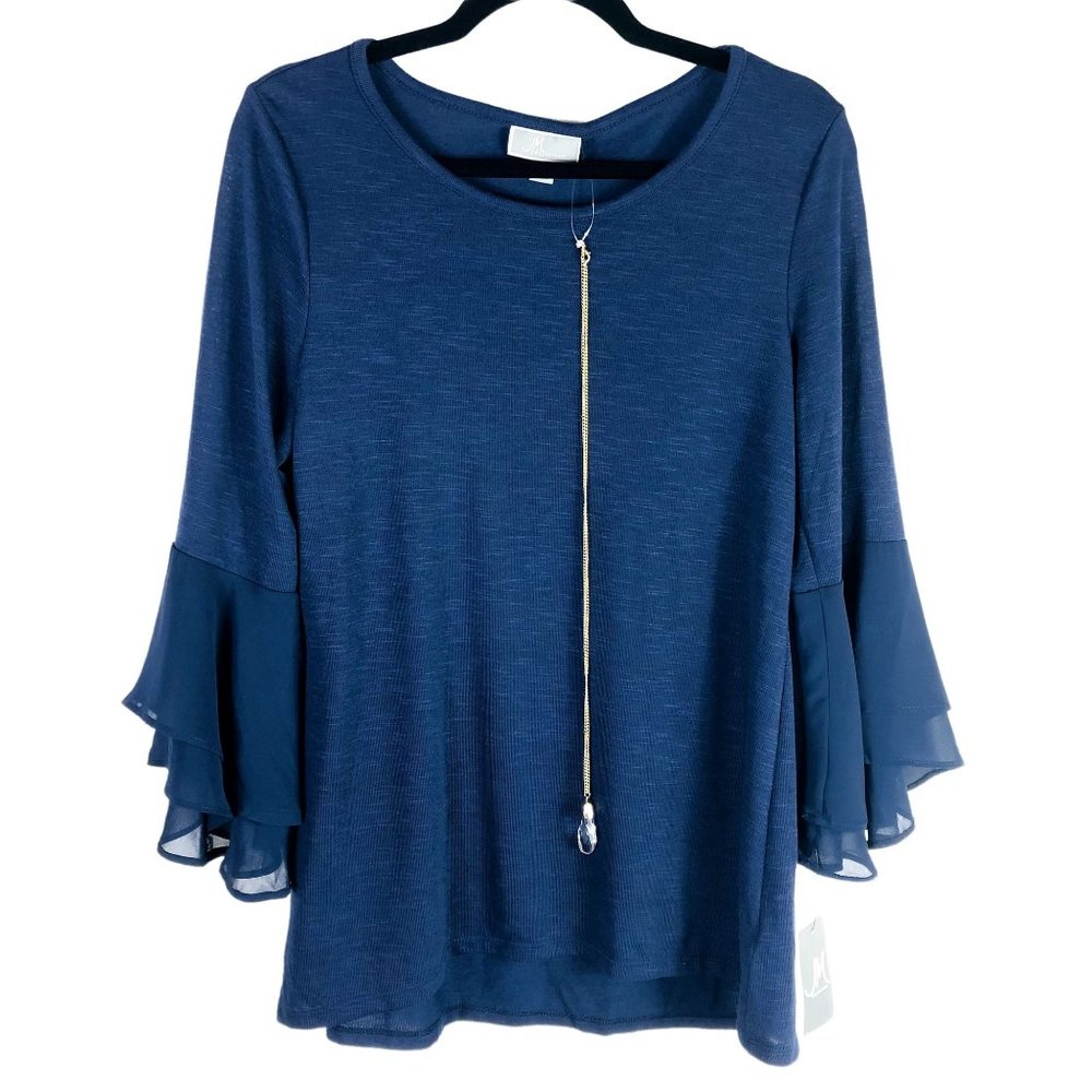 JM‎ Collection Women's Top w/Necklace Tiered-Sleeve Intrepid Blue Size S